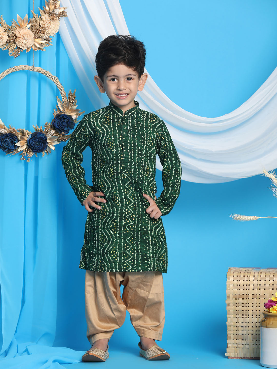 Vastramay boys green color bandhni print kurta and rose gold patiyala set