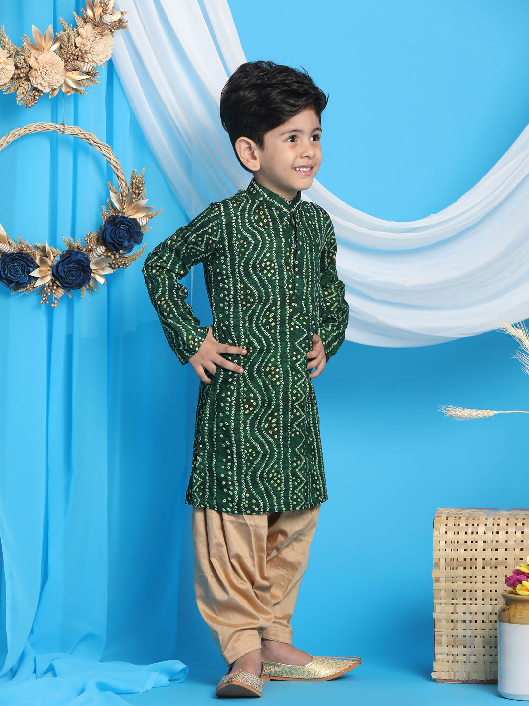 Vastramay boys green color bandhni print kurta and rose gold patiyala set