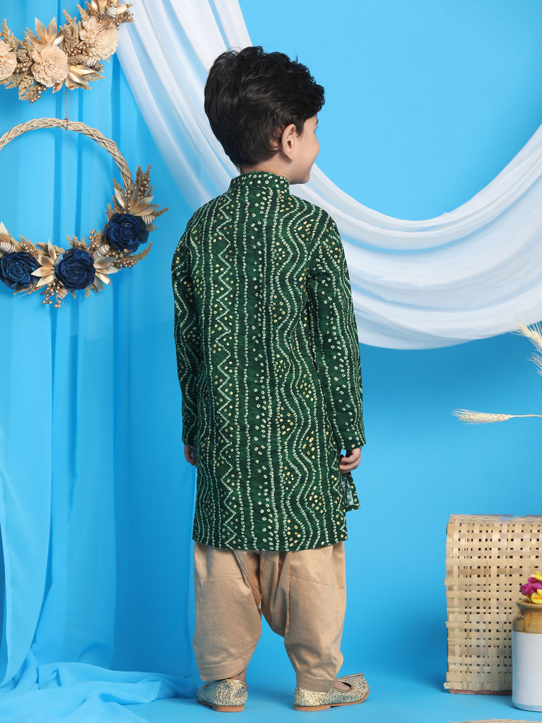 Vastramay boys green color bandhni print kurta and rose gold patiyala set