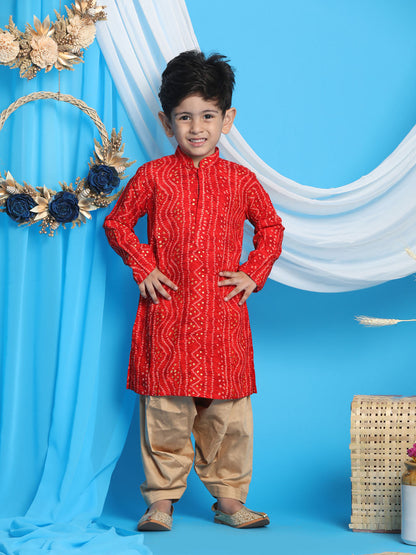 Vastramay boys maroon color bandhni print kurta and rose gold patiyala set