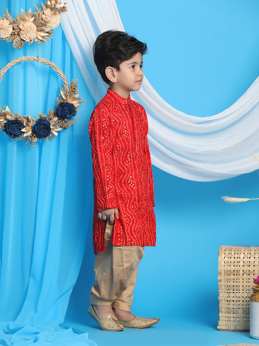 Vastramay boys maroon color bandhni print kurta and rose gold patiyala set