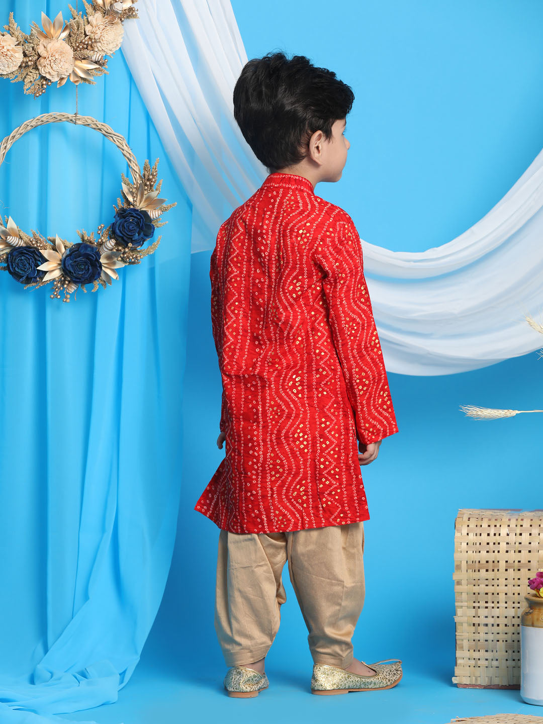 Vastramay boys maroon color bandhni print kurta and rose gold patiyala set