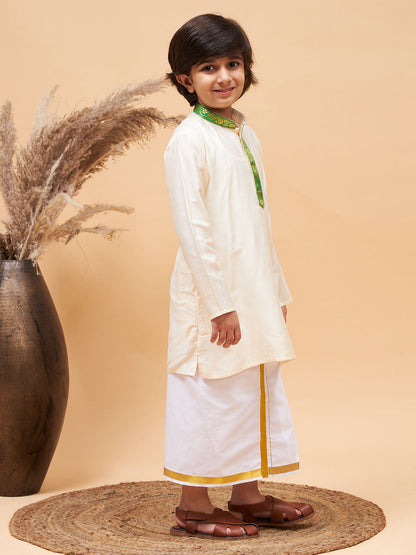 vastramay boys green and white kurta with mundu set