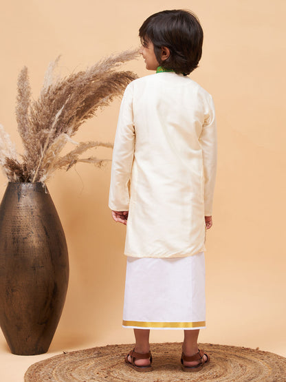 vastramay boys green and white kurta with mundu set