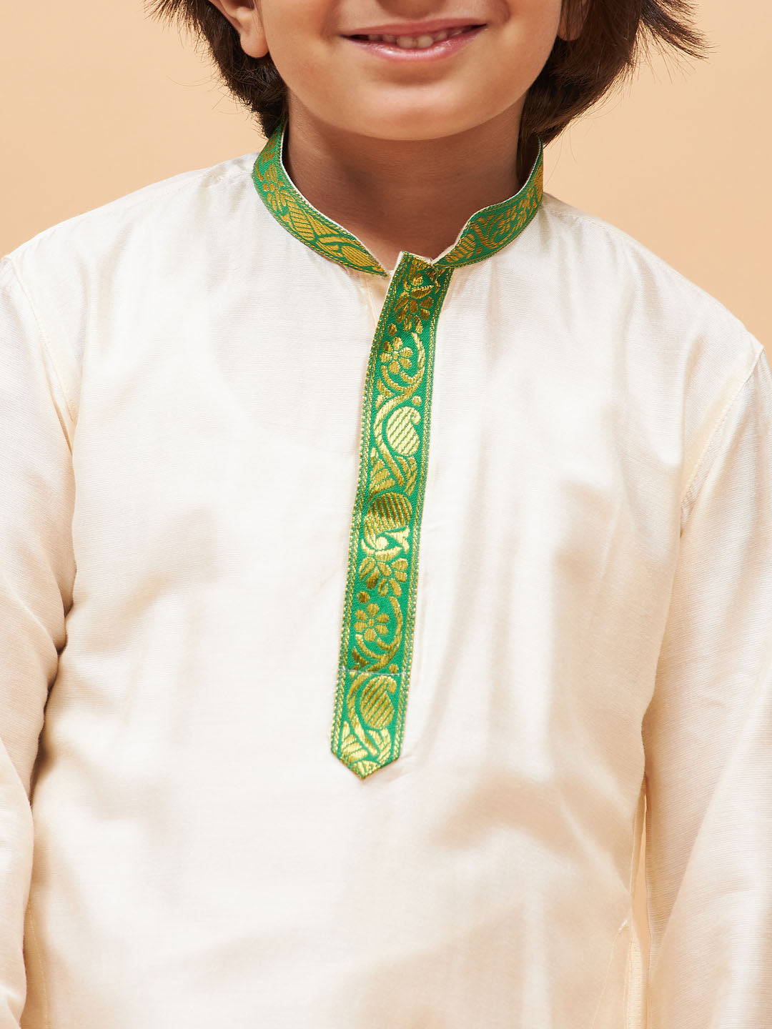 vastramay boys green and white kurta with mundu set