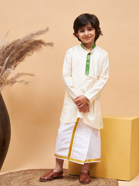 vastramay boys green and white kurta with mundu set