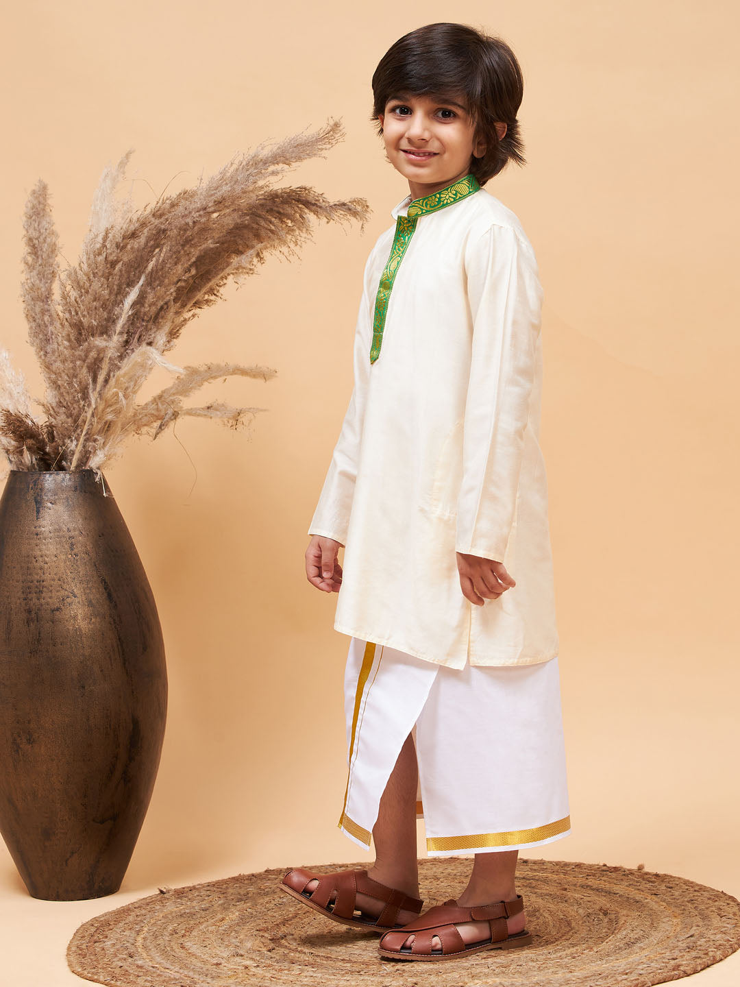 vastramay boys green and white kurta with mundu set