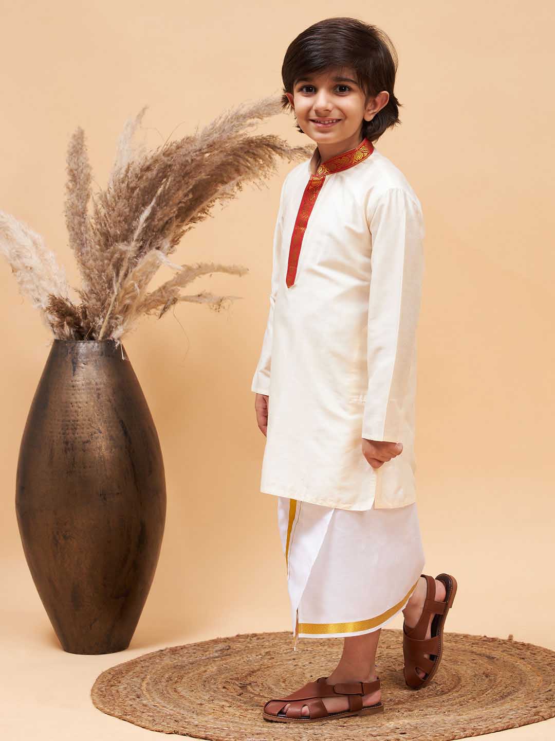 vastramay boys maroon and white kurta with mundu set