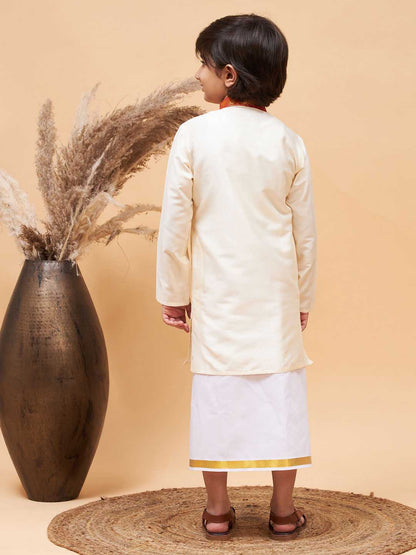 vastramay boys maroon and white kurta with mundu set