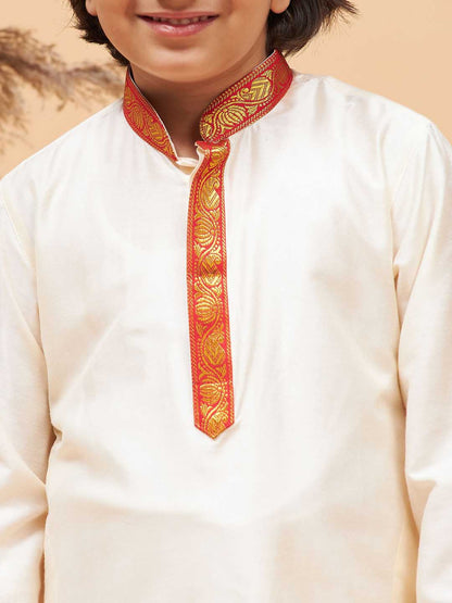 vastramay boys maroon and white kurta with mundu set