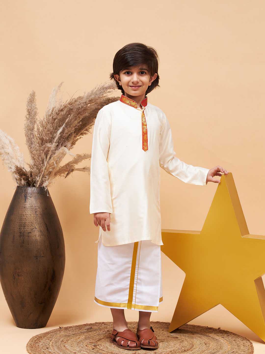 vastramay boys maroon and white kurta with mundu set