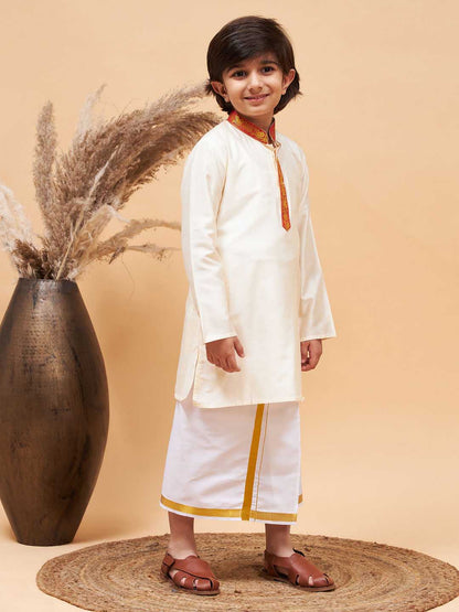 vastramay boys maroon and white kurta with mundu set