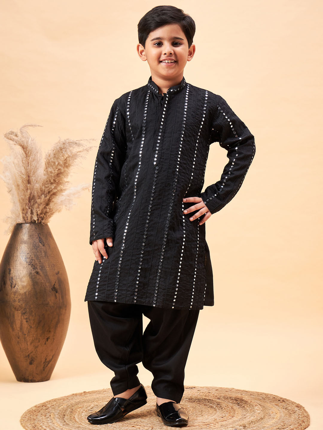 VASTRAMAY Boys Black Embroidered Vertical Mirror Work Kurta With Patiala Set