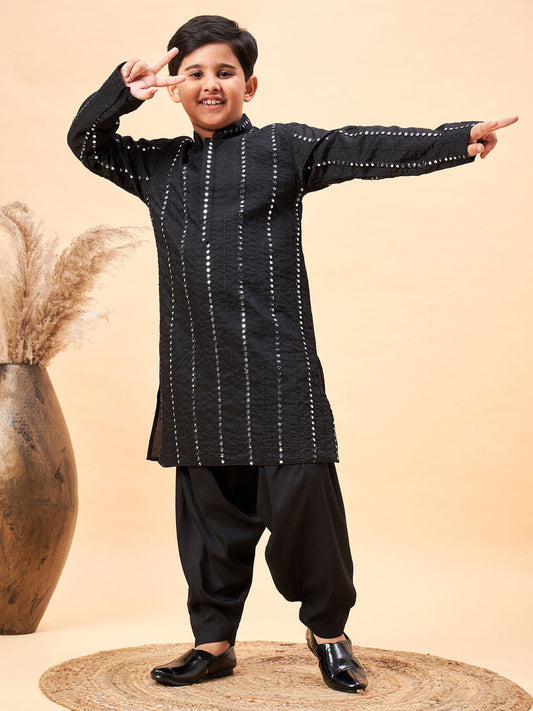 VASTRAMAY Boys Black Embroidered Vertical Mirror Work Kurta With Patiala Set