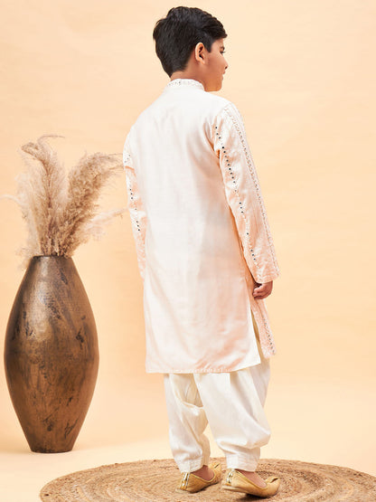 VASTRAMAY Boys Cream Embroidered Vertical Mirror Work Kurta With Patiala Set