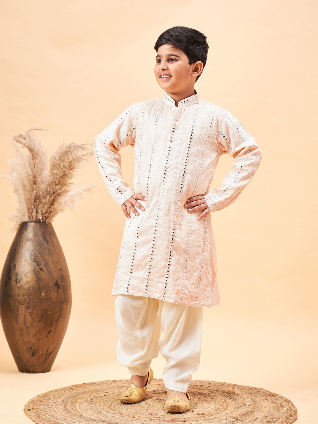 VASTRAMAY Boys Cream Embroidered Vertical Mirror Work Kurta With Patiala Set