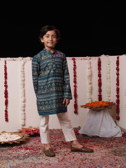 VASTRAMAY Boys' Blue Foil Printed Kurta And Cream Pyjama Set