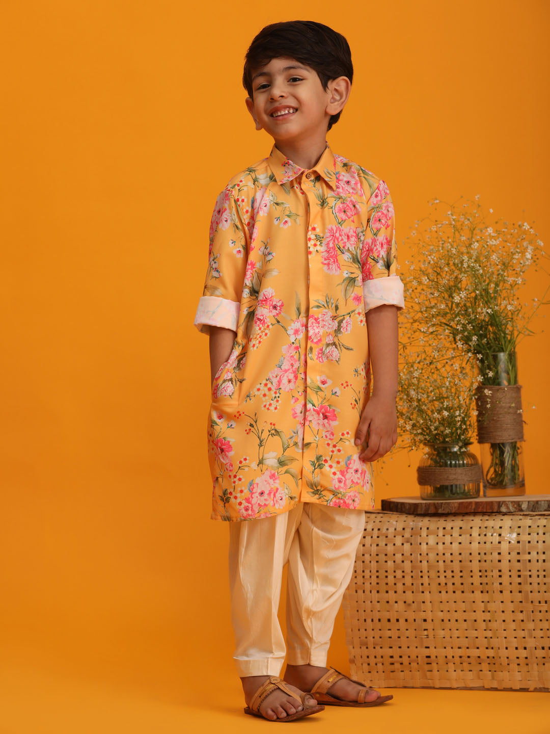 Vastramay Yellow Floral Print Sibling Set