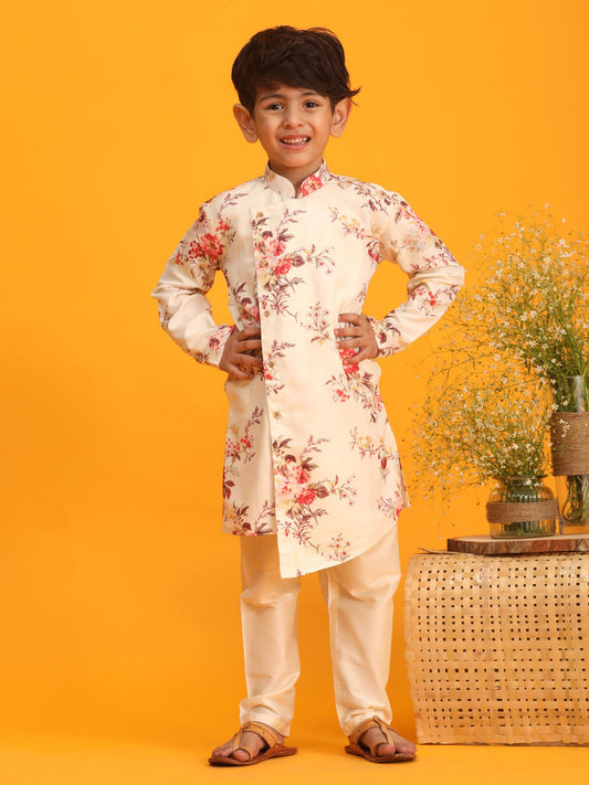 Vastramay boys yellow floral printed angrakha kurta with cream solid pyjama set