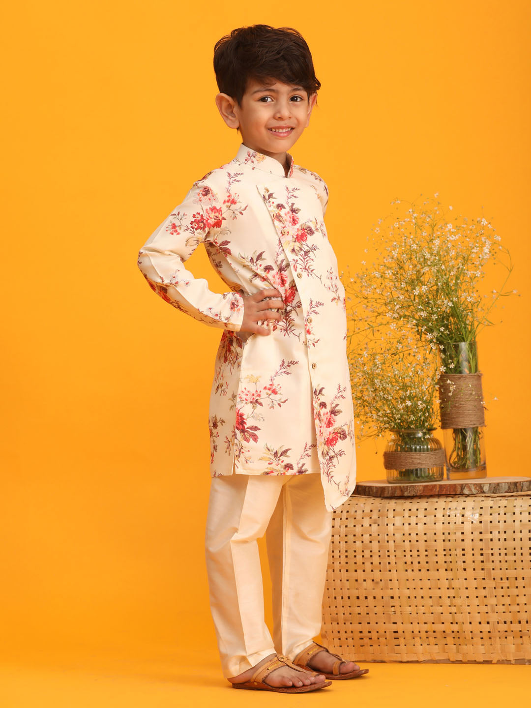 Vastramay boys yellow floral printed angrakha kurta with cream solid pyjama set