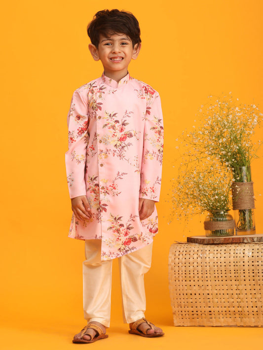 Vastramay boys pink floral printed angrakha kurta with cream solid pyjama set