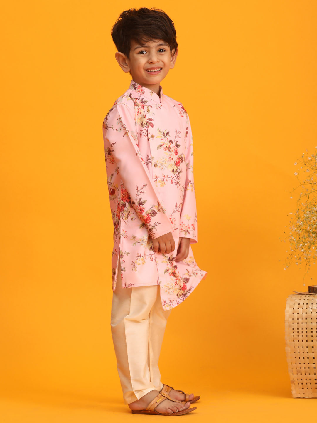 Vastramay boys pink floral printed angrakha kurta with cream solid pyjama set