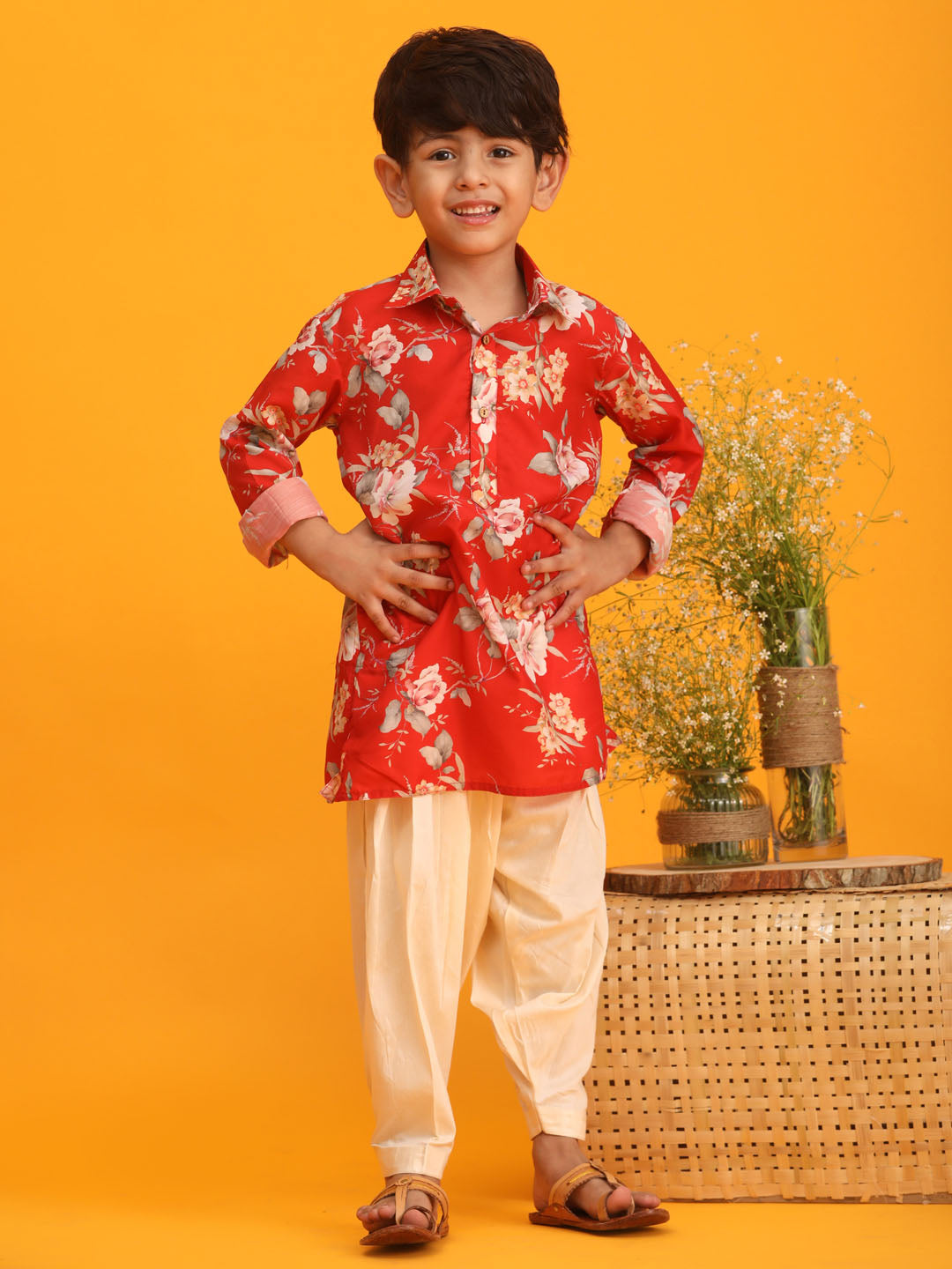 Vastramay boys red floral printed kurta with cream solid pyjama set