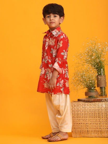 Vastramay boys red floral printed kurta with cream solid pyjama set