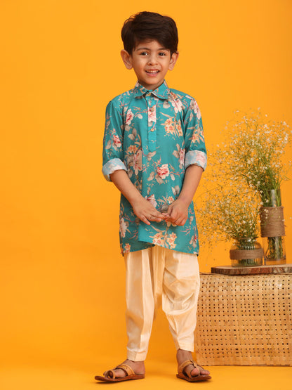 Vastramay boys turquoise floral printed kurta with cream solid pyjama set