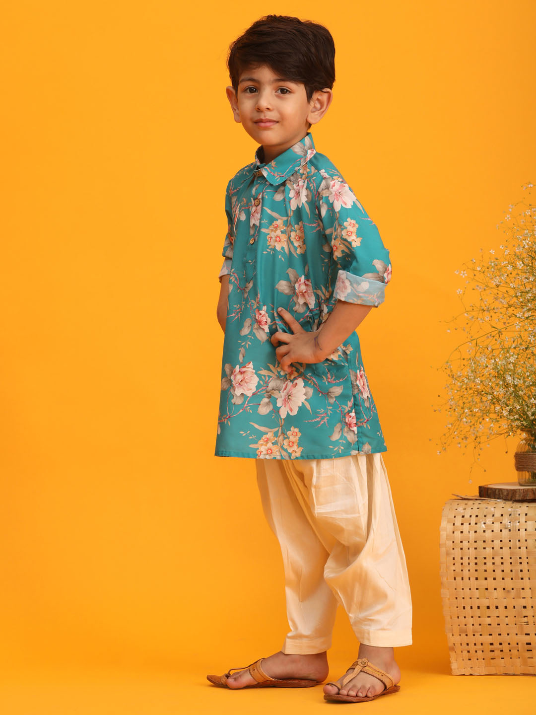 Vastramay boys turquoise floral printed kurta with cream solid pyjama set