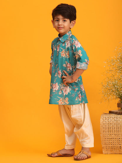 Vastramay boys turquoise floral printed kurta with cream solid pyjama set