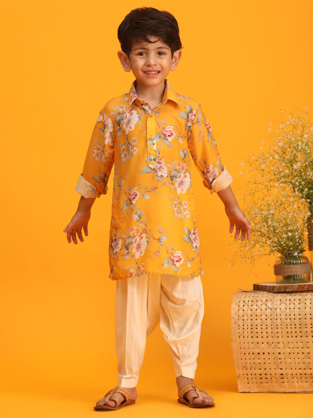 Vastramay boys yellow floral printed kurta with cream solid pyjama set