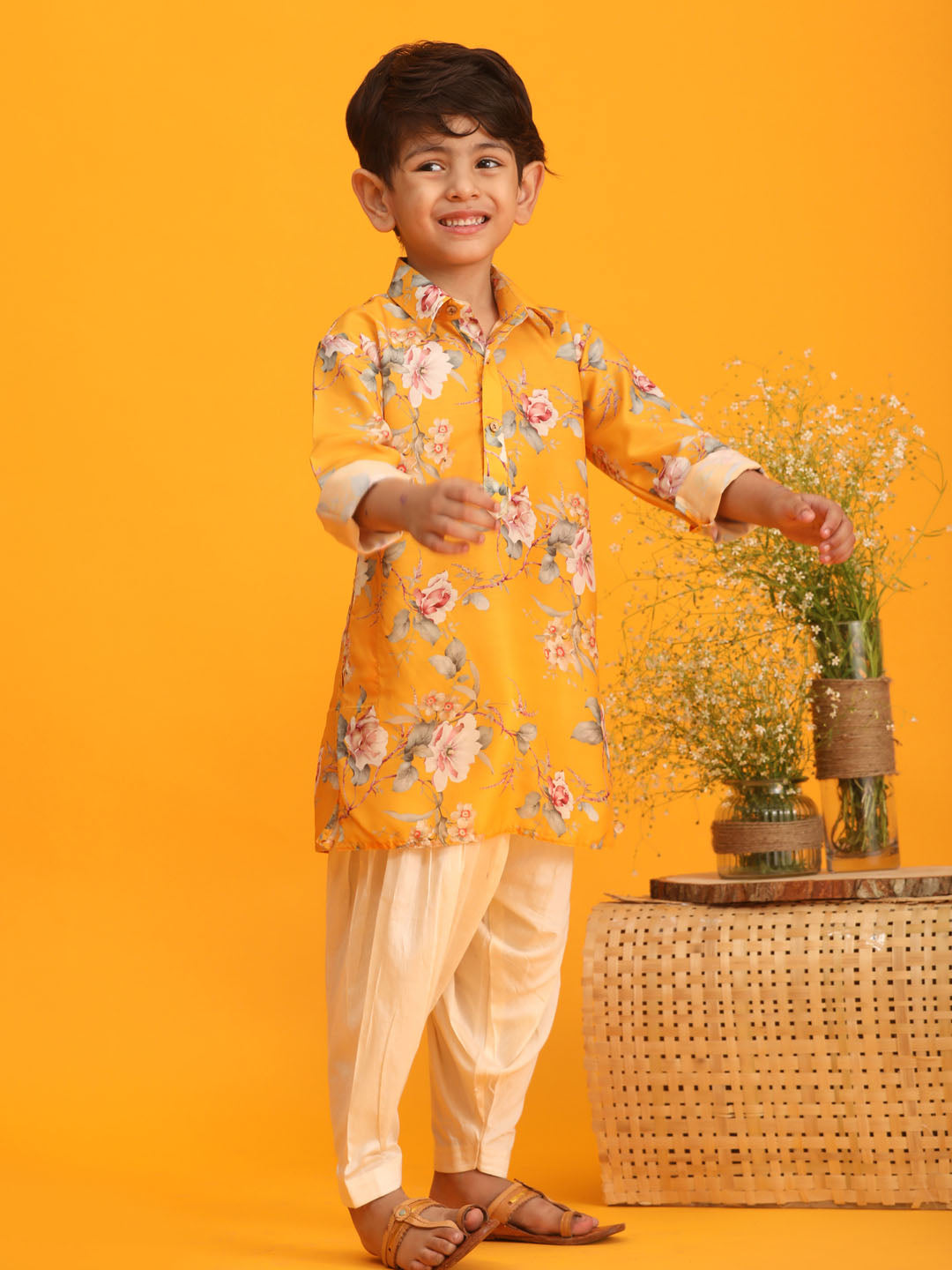 Vastramay boys yellow floral printed kurta with cream solid pyjama set