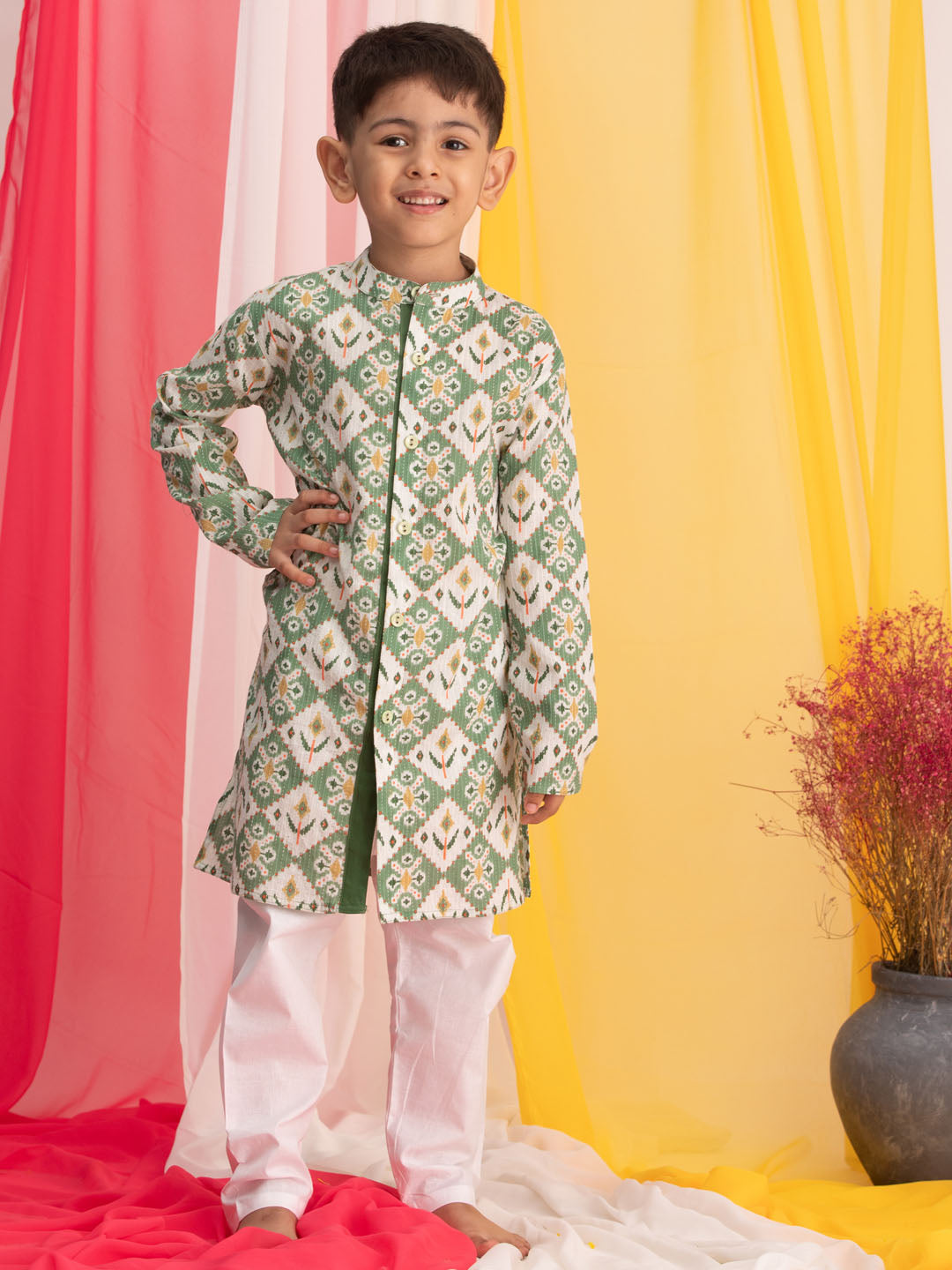 VASTRAMAY Boy's Green Ikkat Print Front Open Kurta with Pyjama Set