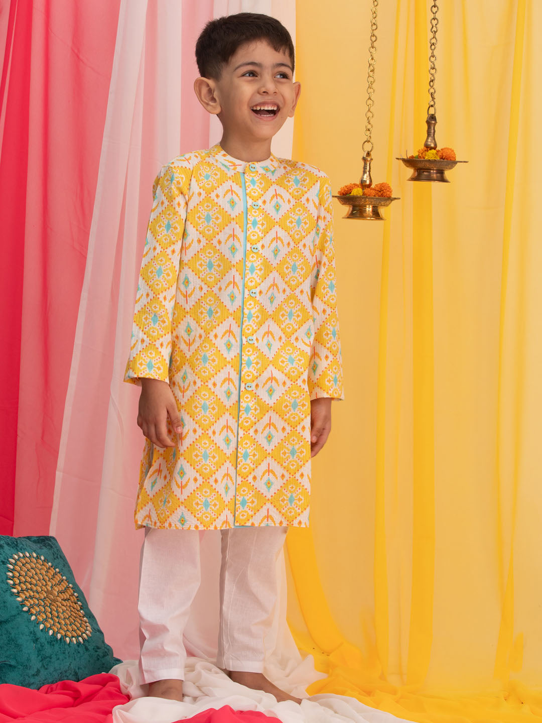 VASTRAMAY Boy's Yellow Ikkat Print Front Open Kurta with Pyjama Set