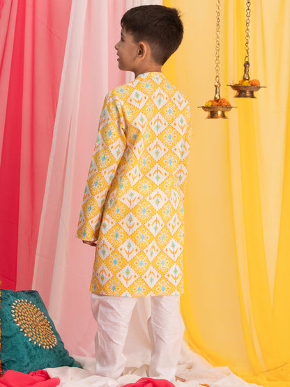 VASTRAMAY Boy's Yellow Ikkat Print Front Open Kurta with Pyjama Set