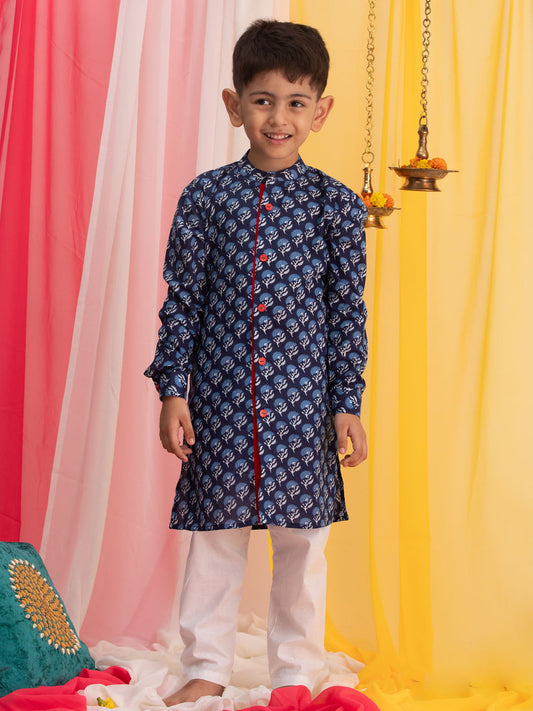 VASTRAMAY Boy's Blue Floral Printed Front Open Kurta with Pyjama Set