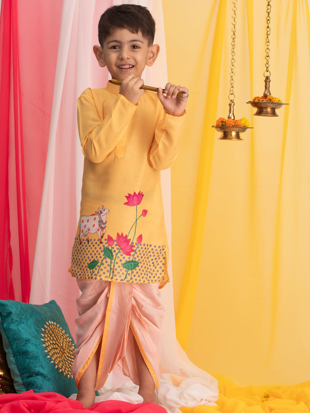 VASTRAMAY Boys' Yellow Krishna Kurta And Dhoti Set