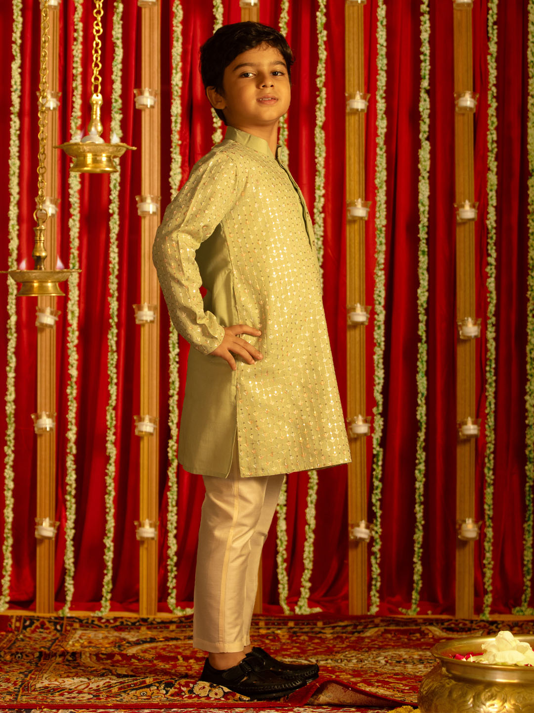 VASTRAMAY Boys' Mint Green Thread Worked Kurta Pyjama Set