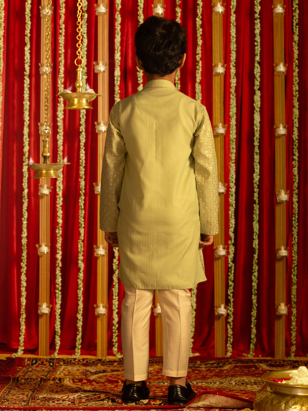 VASTRAMAY Boys' Mint Green Thread Worked Kurta Pyjama Set