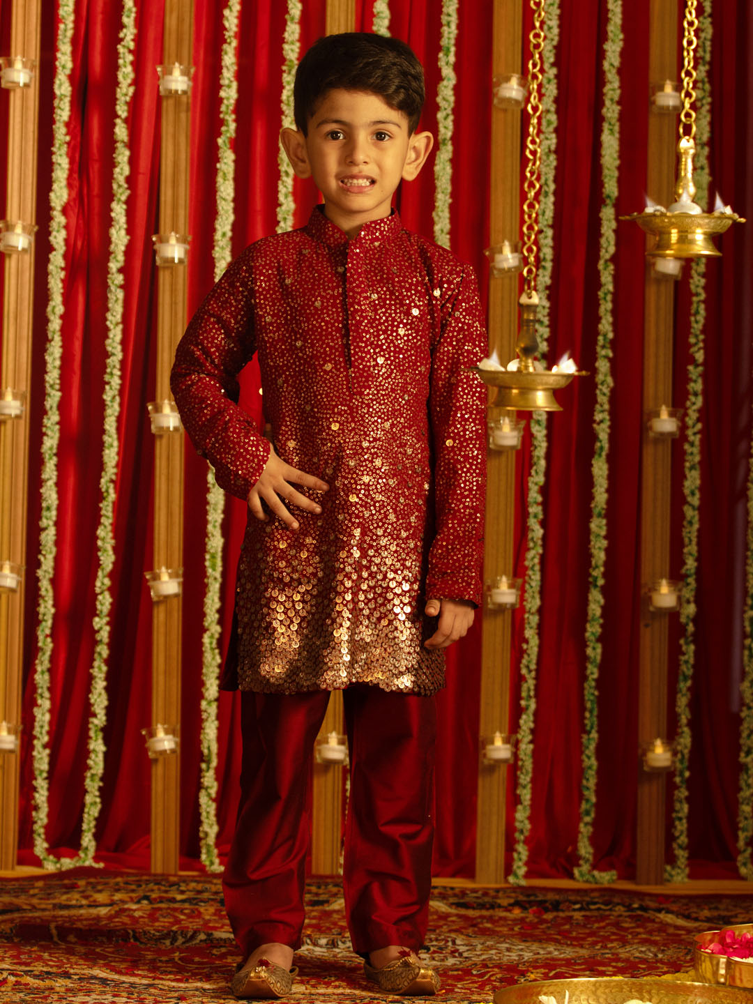 VASTRAMAY Boys' Maroon Sequin With Zari Worked Georgette Kurta Pyjama Set