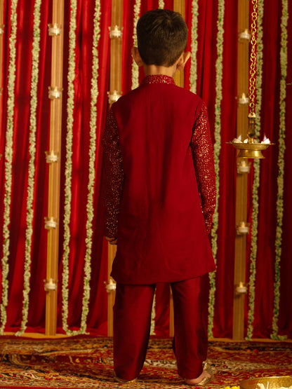 VASTRAMAY Boys' Maroon Sequin With Zari Worked Georgette Kurta Pyjama Set