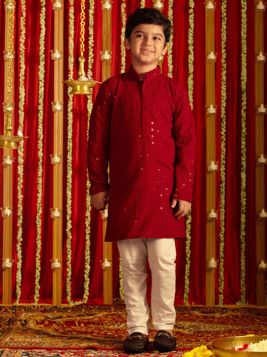 VASTRAMAY Boys' Maroon And White Schiffli Kurta Pyjama Set