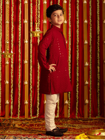 VASTRAMAY Boys' Maroon And White Schiffli Kurta Pyjama Set