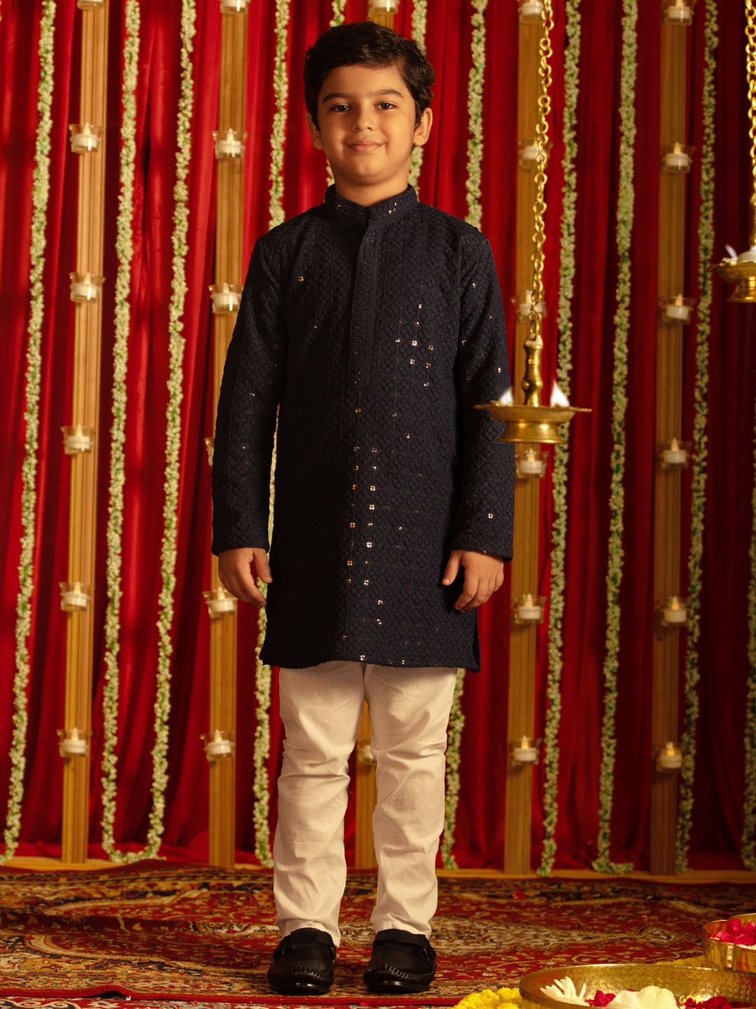 VASTRAMAY Boys' Navy Blue And White Schiffli Kurta Pyjama Set