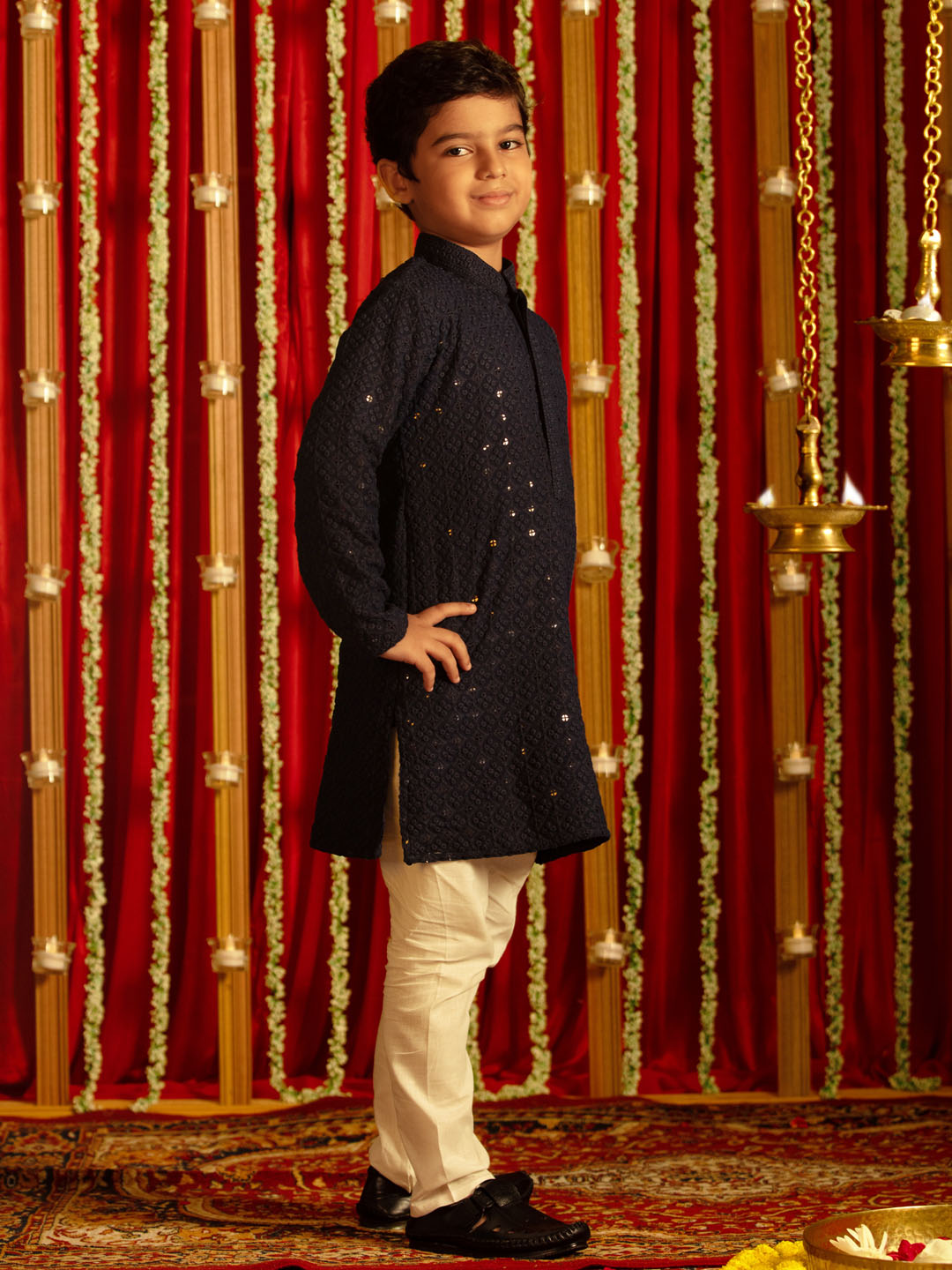 VASTRAMAY Boys' Navy Blue And White Schiffli Kurta Pyjama Set