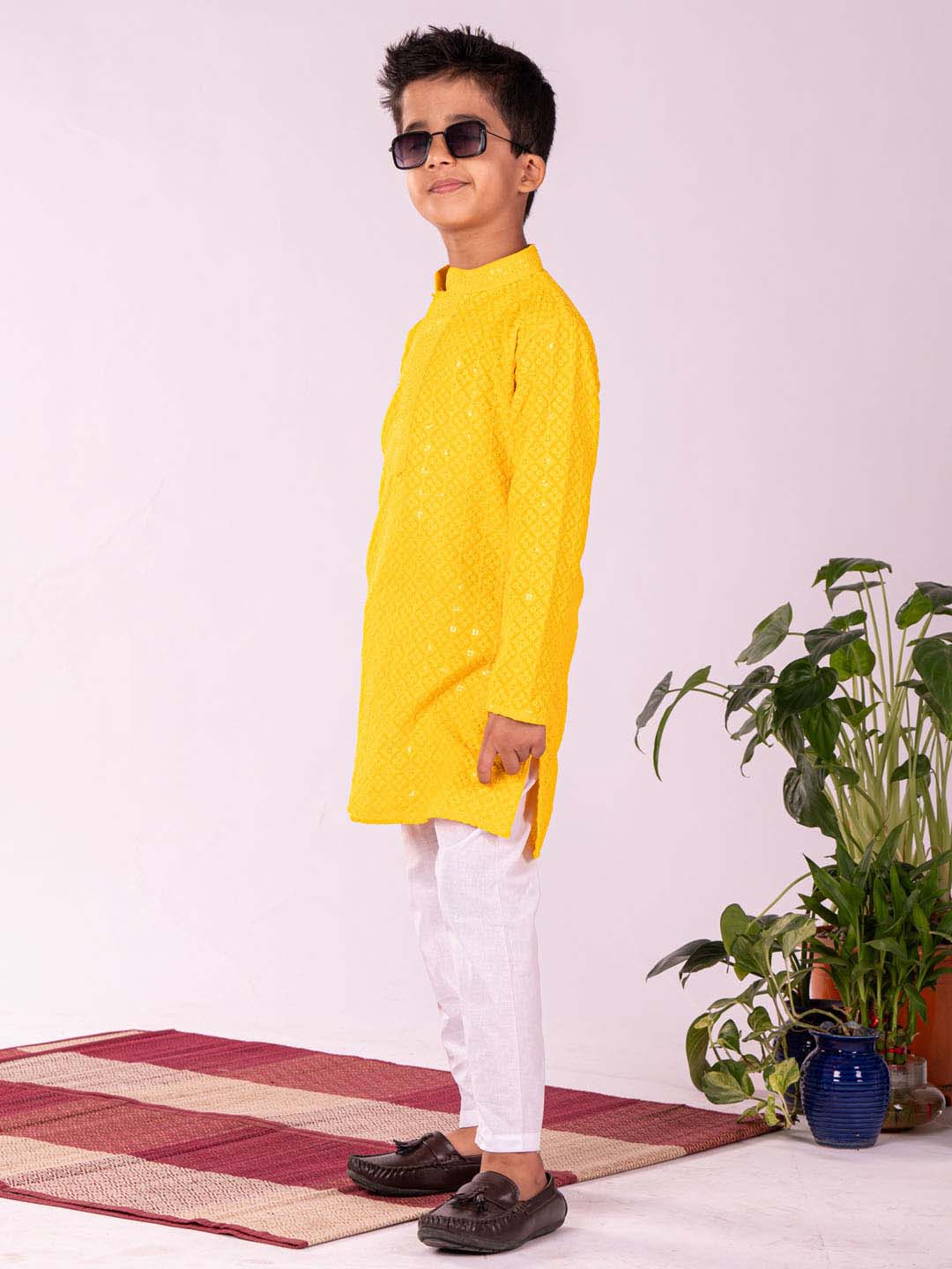 VASTRAMAY Boys' Yellow And White Schiffli Kurta Pyjama Set