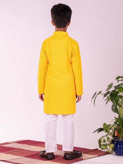 VASTRAMAY Boys' Yellow And White Schiffli Kurta Pyjama Set