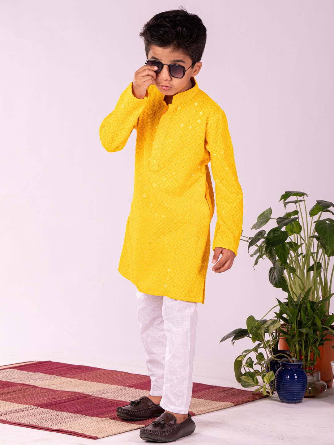 VASTRAMAY Boys' Yellow And White Schiffli Kurta Pyjama Set