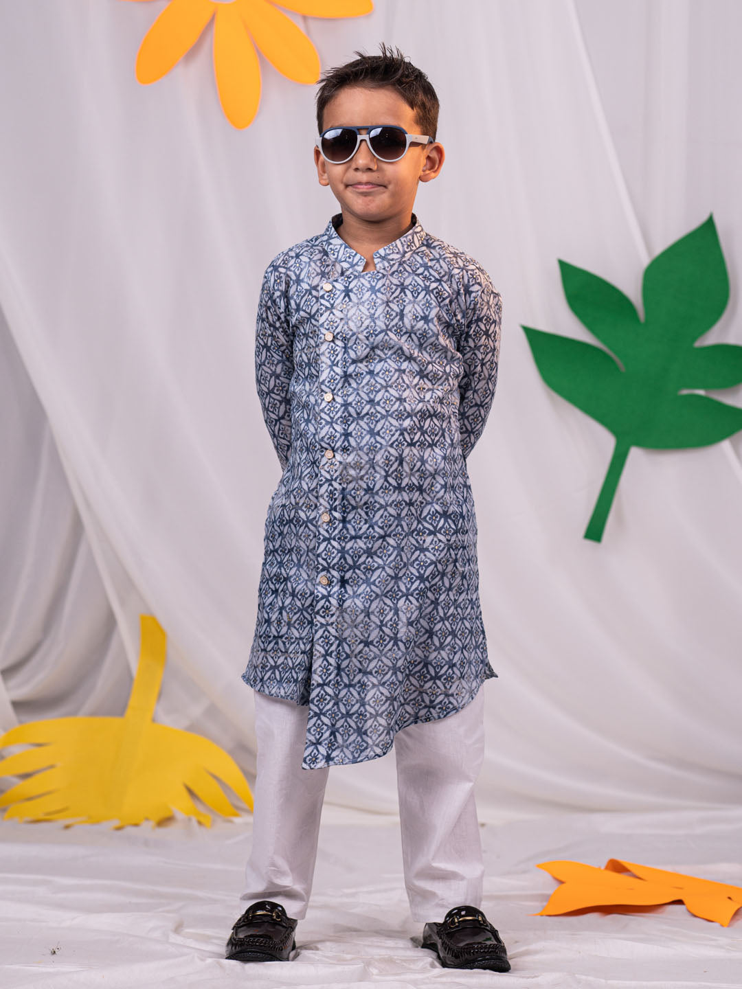 VASTRAMAY Boys' Grey Angrakha Printed Cotton Kurta Pyjama Set